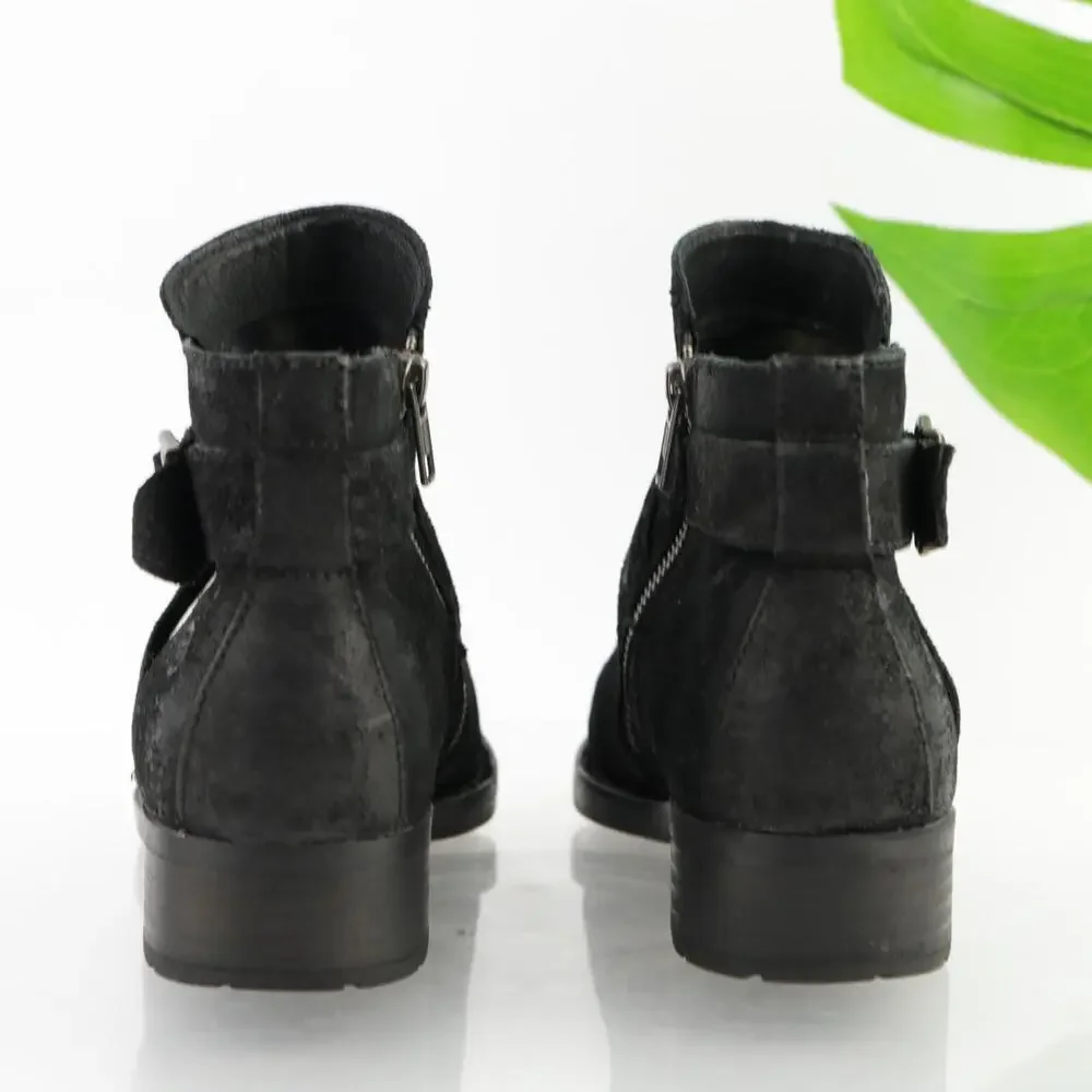 Born Womens Jorgette Boots Size 7.5 Black Suede Distressed Bootie Buckle Lo Heel